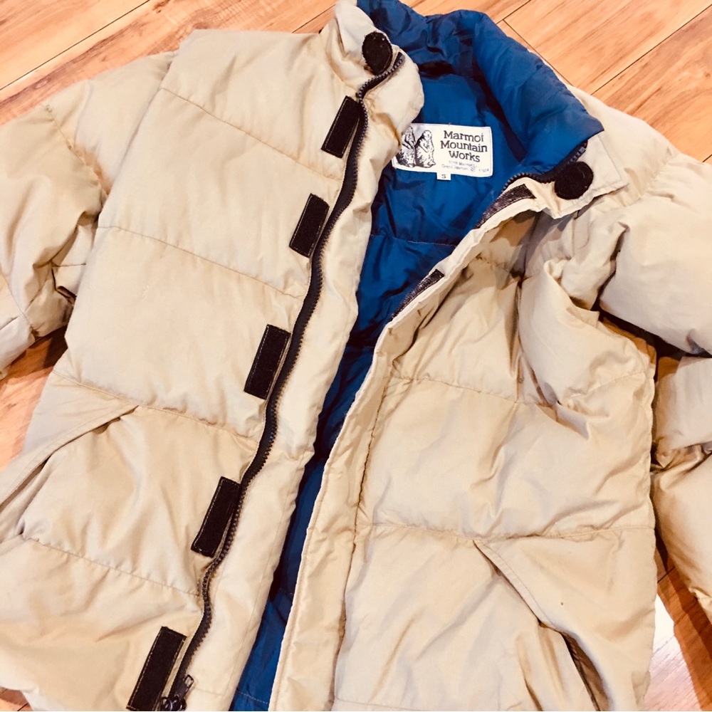 Marmot Mountain Works goose down puffer coat jacket ski winter tan